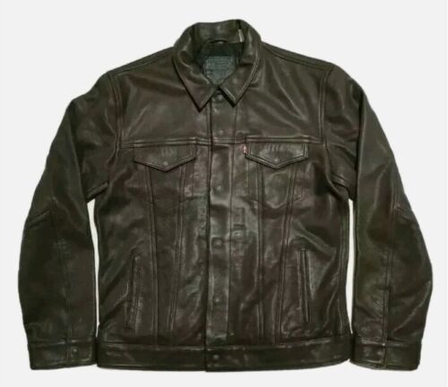 LEVI BIG E BROWN BOVINE LEATHER TRUCKER JACKET S M no denim LEVI BIG E BROWN BOVINE LEATHER TRUCKER JACKET S M no denim