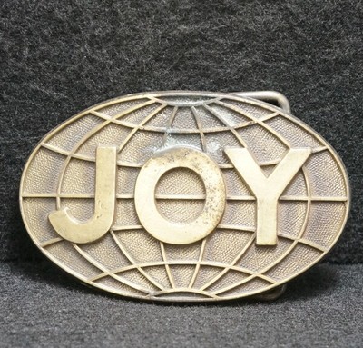 WG07138 VINTAGE 1970s ***JOY TECHNOLOGIES*** MINING GLOBE LOGO BRASS BELT BUCKLE