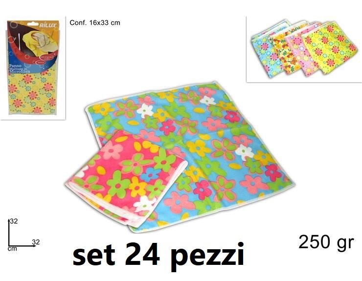 Set 24 Pezzi Panno Microfibra Multiuso Pulizia Casa Fantasia Fiori 32x32cm dfh