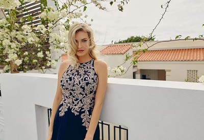 Pre-owned Betsy & Adam Women's Long Chiffon Beaded Halter Dress, Navy, 10p In Blue