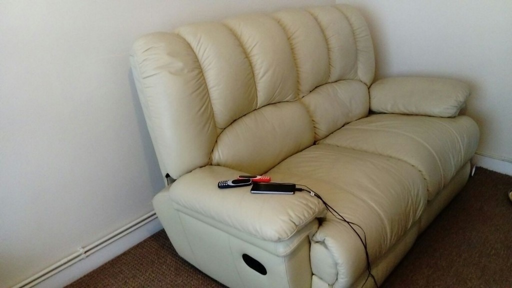 Free to take BEIGE FAUX LEATHER SOFA in Brockworth, Gloucestershire