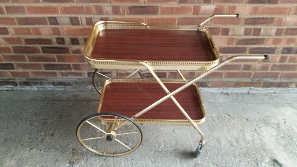 2 TIER BRASS EFFECT DRINKS TROLLEY / TEA TROLLEY WITH OVERSIZED WHEELS