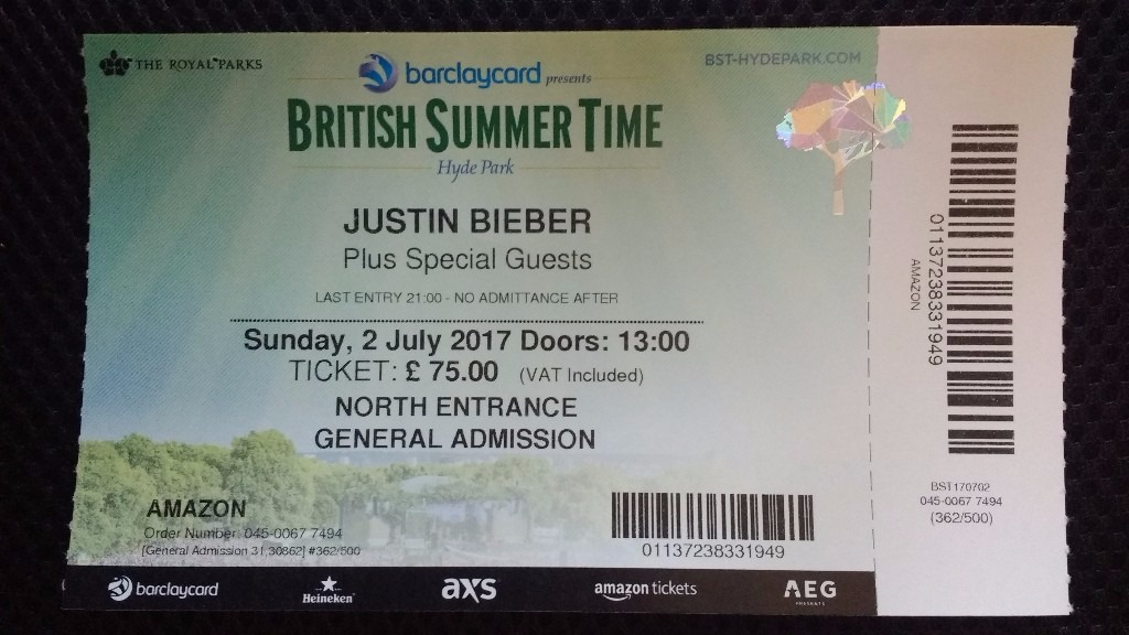 1x JUSTIN BIEBER Ticket Sunday 2nd July British Summer Time Hyde Park London in Hove, East