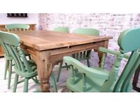 Large Rustic Extending Kitchen Dining Table Set with Turned Legs & Painted Chairs