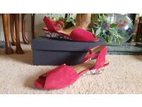 HOTTER Red Suede Sandals with Floral Wedge - WORN ONCE INSIDE