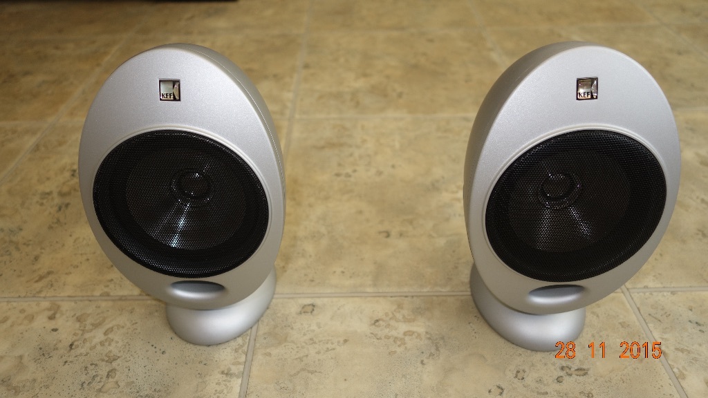 Pair of KEF Egg Speakers in Silver, Model HTS2001, with mounts in