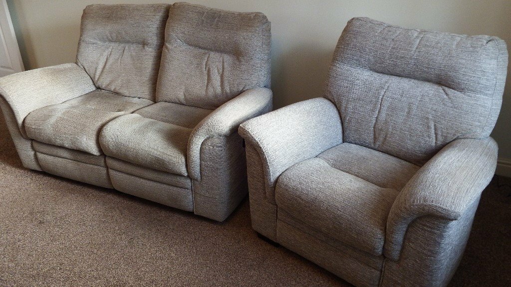 PARKER KNOLL FOOT RECLINER 2 SEATER SOFA AND STANDARD CHAIR. 2 YRS OLD