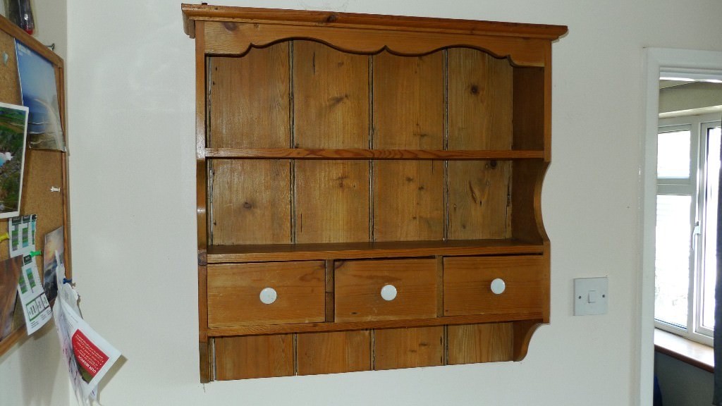 Vintage pine wall shelving unit with 3 small drawers in Abingdon