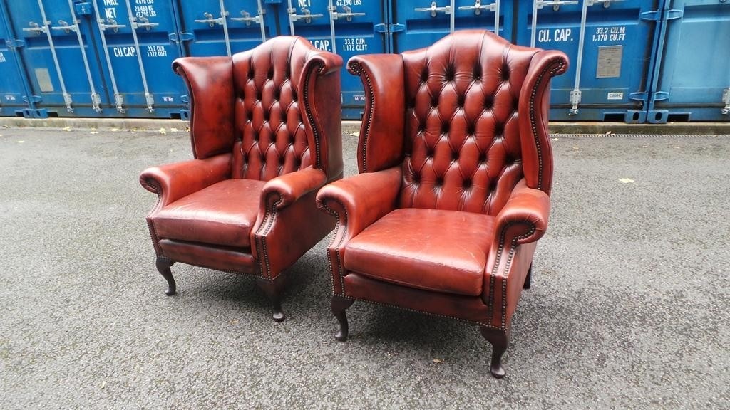 Two Antique Chesterfield Armchair Queen Anne High Back Wing Chairs in