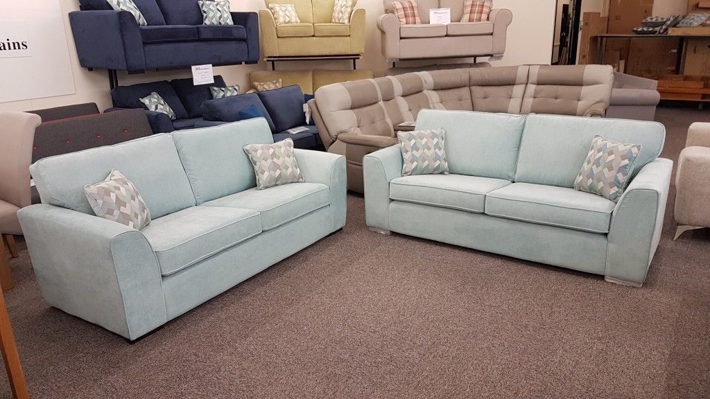 Pair Of 3 Seater Light Blue Fabric Sofas Can Deliver in Hucknall