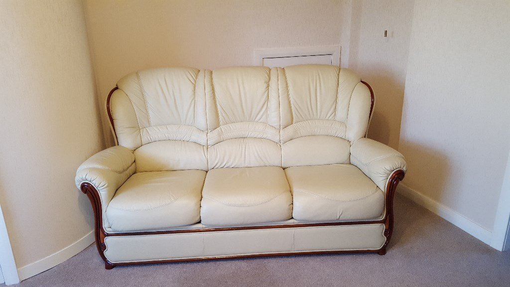 3 Piece Living room suite cream faux leather 3 seater sofa and 2