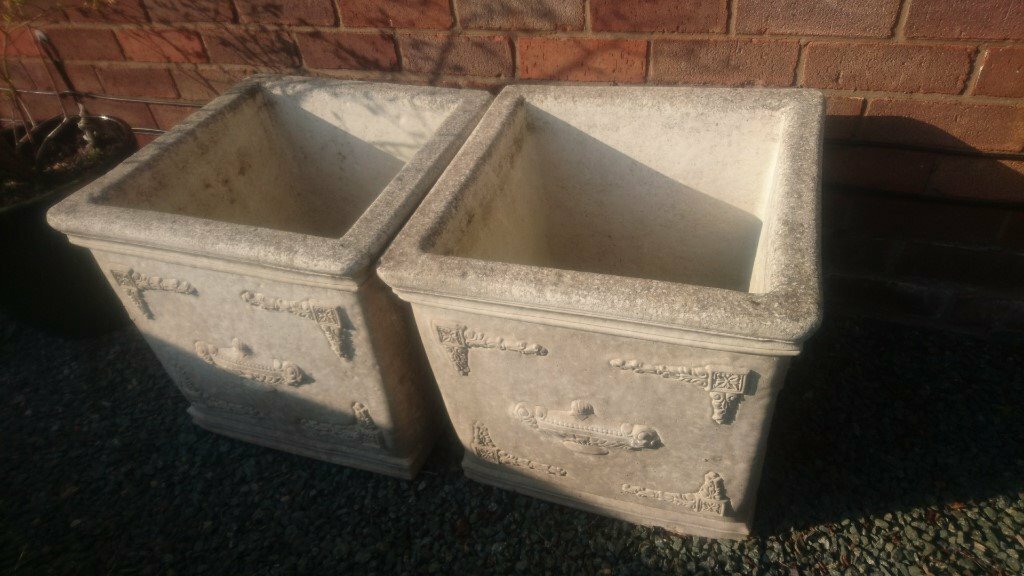 Two Matching Large Heavy Stone Square Plant Pots in Marple Bridge