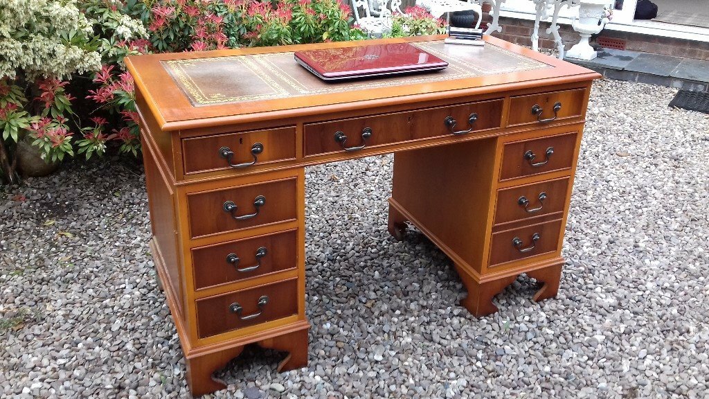 Antique Regency Style Yew Leather Top Inlay Pedestal Writing Desk in