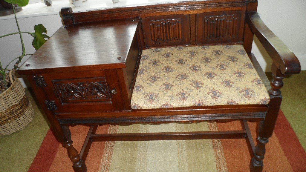 'Old Charm' Vintage Carved Oak Hall Telephone seat/table and Cushion