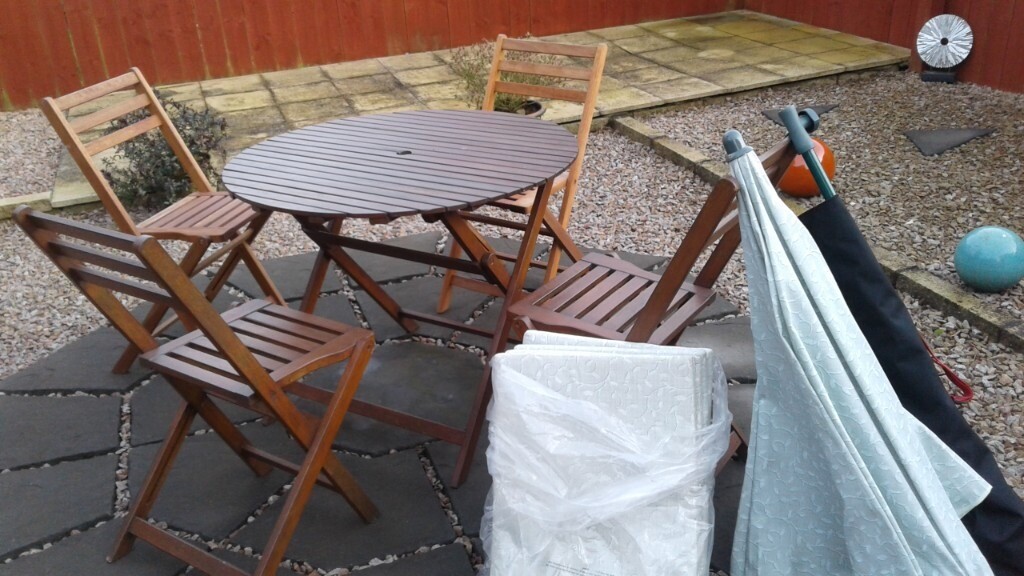 Wooden Garden Table and Chairs Parasol and Cushions | in Kintore