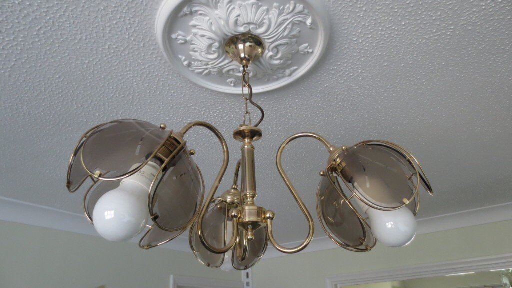 Set Of Two Wall Lights Plus Matching 3 Cluster Ceiling Light In Brass