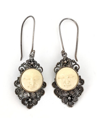 Vintage Sterling Silver Carved Moon Goddess Face Earrings - Indonesia