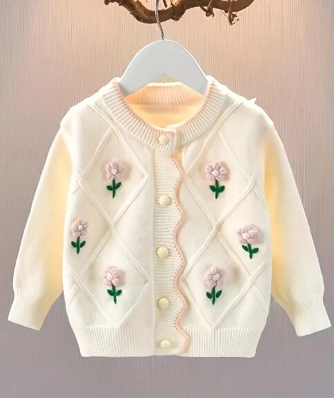 Rose flower motif cardigan 【white】 Soft Knit Sweater, Orange Roses White Cardigan, Gift, Unique