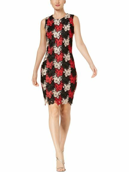 Элегантное ЧЕРНО-КРАСНОЕ кружевное платье-футляр с цветочным рисунком Calvin Klein NWT миниатюрного размера 2P