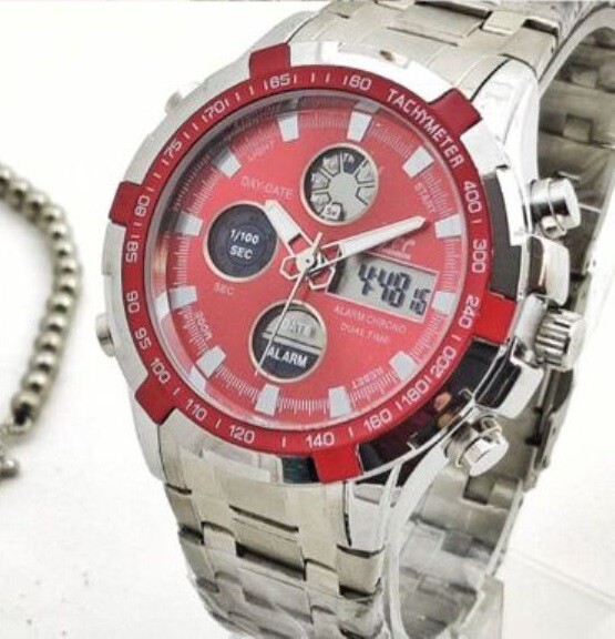 Orologio Polso ZCC 8988 Uomo Quarzo Acciaio Dual Time Silver Rosso lac