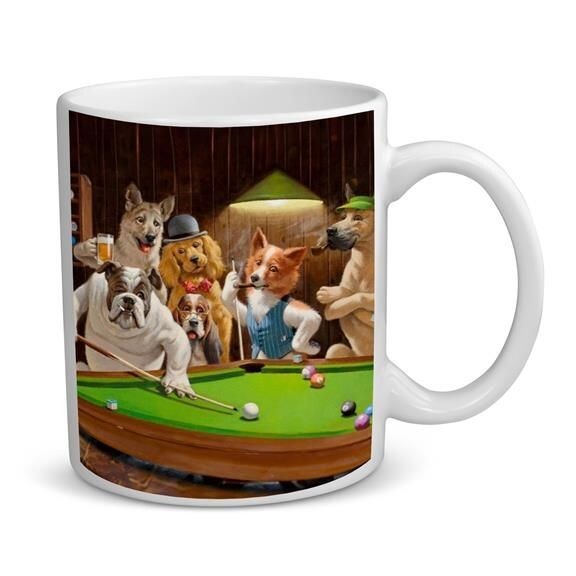 The Hustler BB1 Dogs Playing Pool Coffee Tea Cup Mug