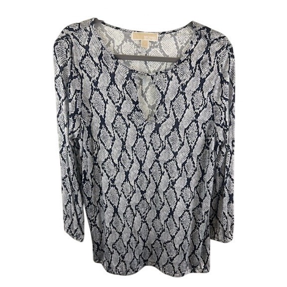 Michael Kors Blouse Women's Size Medium Snakeskin Print Keyhole Long Sleeve Top