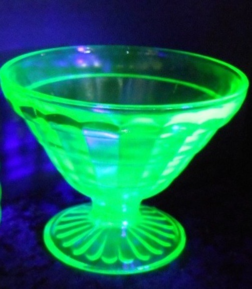 Vintage Green Vaseline Uranium Glass Sherbet Ribbed Block Design