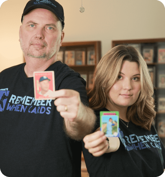 Richard and Hope Brooks holding baseball cards linking to their eBay store