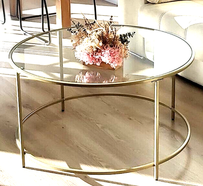 Round Coffee Table Tempered Glass Gold Sofa Side Table Living Room Metal Frame