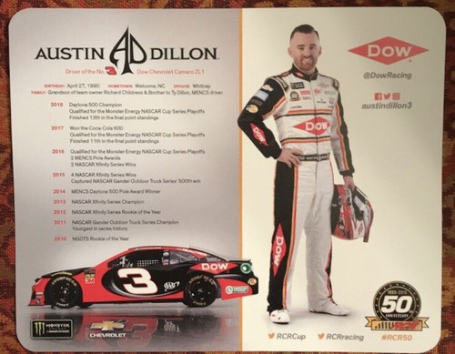 Austin Dillon 2019 Dow Camaro Signed Autographed Nascar Racing Postcard #3 NEW