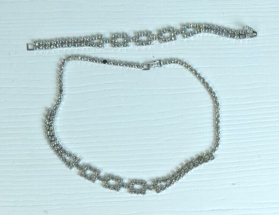 Vintage Clear Rhinestone Prong BRACELET chocker NECKLACE Set silver tone flawed