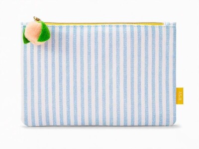 April 2024 Ipsy Glam Bag BAG ONLY Makeup Bag Blue White Peach pom zipper pull