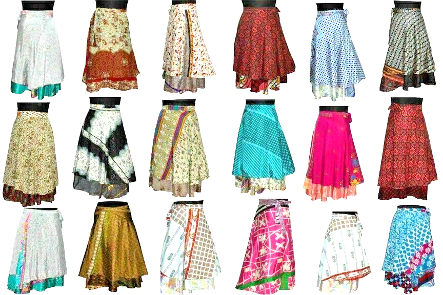 VINTAGE VINTAGE SILK SARI MAGIC WRAP AROUND SKIRTS BEACH WEAR REVERSIBLE WARP SKIRT 50PC