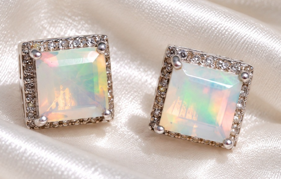 Rainbow Moonstone Pave Diamond Earring Solid 925 Silver Jewelry Gift For Her