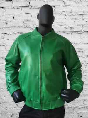 #297 Men's Genuine Green Leather Jacket Pure Soft Lambskin Bomber Stylish Zipper