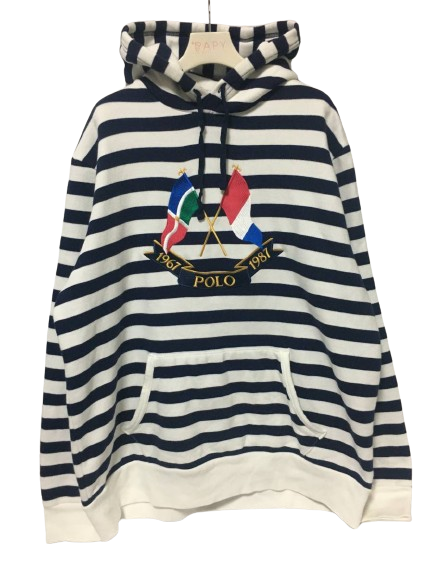 POLO RALPH LAUREN CROSS FLAGS HOODIE SWEATER XL Striped White Blue