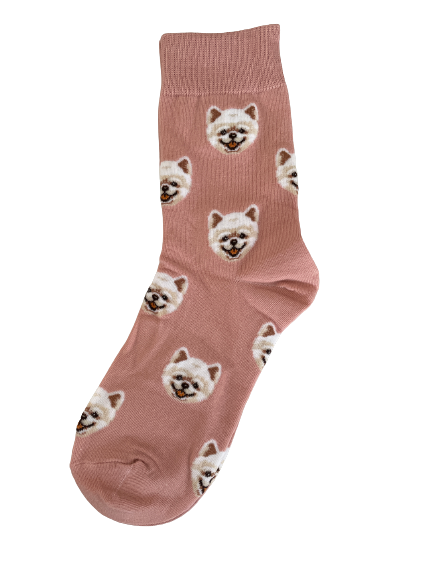 Women's Pink Pomeranian Print Calf Length Animal Dog Socks