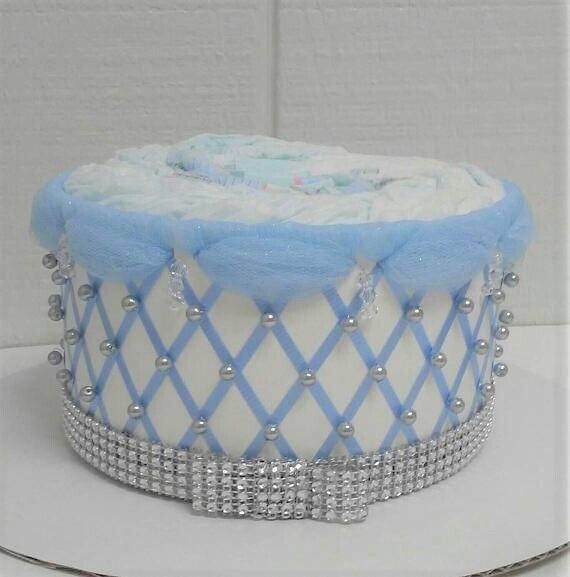 Princess Baby Girl Shower Blue And Silver 1 Tier Diaper Cake Centerpiece Gift
