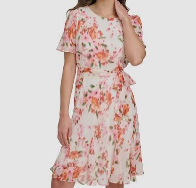 DKNY Women's Beige Floral Print Scoop Neck Flutter Sleeve Waist-Tie Dress Size 6