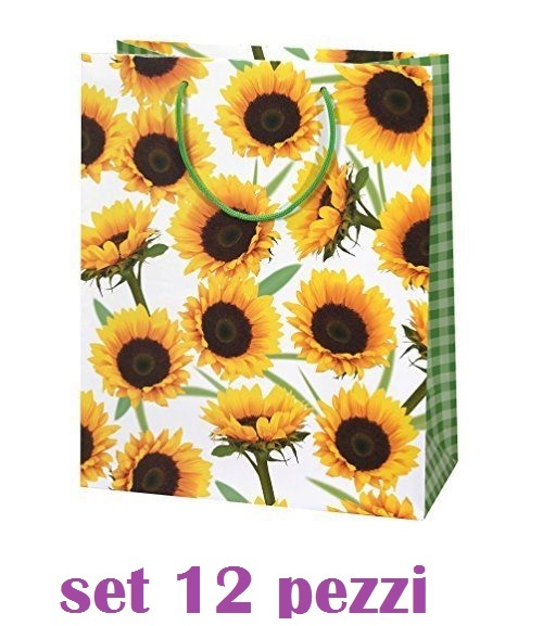 Set 12 Pezzi Buste Borsa Da Regalo Fantasia Girasoli Resistenti 26x32x12,5cm dfh