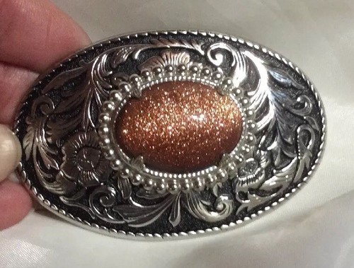 Cowboy Style Oval Belt Buckle Silvertone Etched Scroll Polished Dome Sand Stone