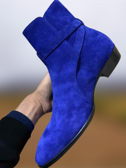 Handmade Mens Blue Suede Jodhpurs Boot, Men Blue Fashion Ankle Boots