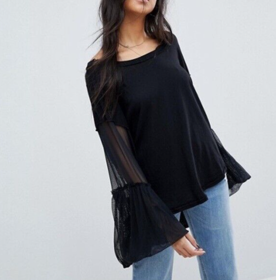 

FREE PEOPLE Черный Прозрачный сетчатый топ с длинными расклешенными рукавами Still Got It Hi/Lo