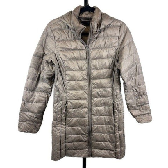 Heatkeep Down Coat Women's Size Medium Beige Hooded Long Full Zip Puffer Jacket