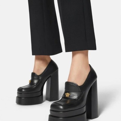 Versace Aevitas Juno Penny Loafer Platform Black Shoe Pump Size 39/9 NWB $1,575