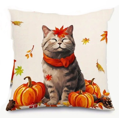 Cat Kitty Pumpkin Fall Leaves Fall Thanksgiving Throw Pillow Cover Holiday Decor