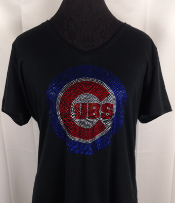 Women's Chicago Cubs Rhinestone baseball  V-neck T-Shirt Tee Bling Lady 