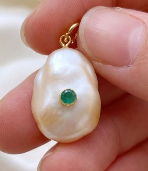 Emerald Pave Baroque Pearl Charm Pendant Handmade Minimalist Jewelry