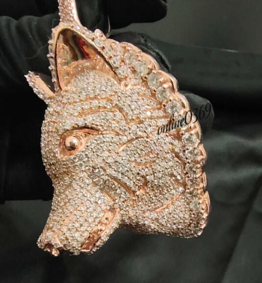 Pre-owned Online0369 Mens 3d Wolf Face Charm 3.28 Ct Cubic Zirconia Pendant Rose Gold Over Silver In White
