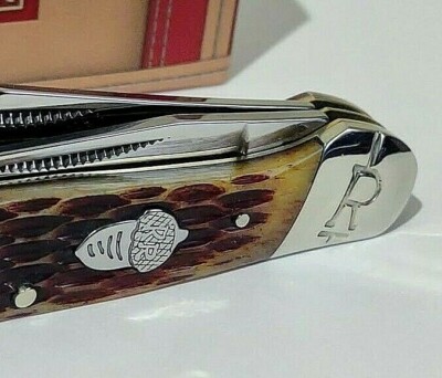ACORN SHIELD COPPERHEAD HUNTING POCKET KNIFE ROUGH RIDER AMBER BONE R.R. !!!